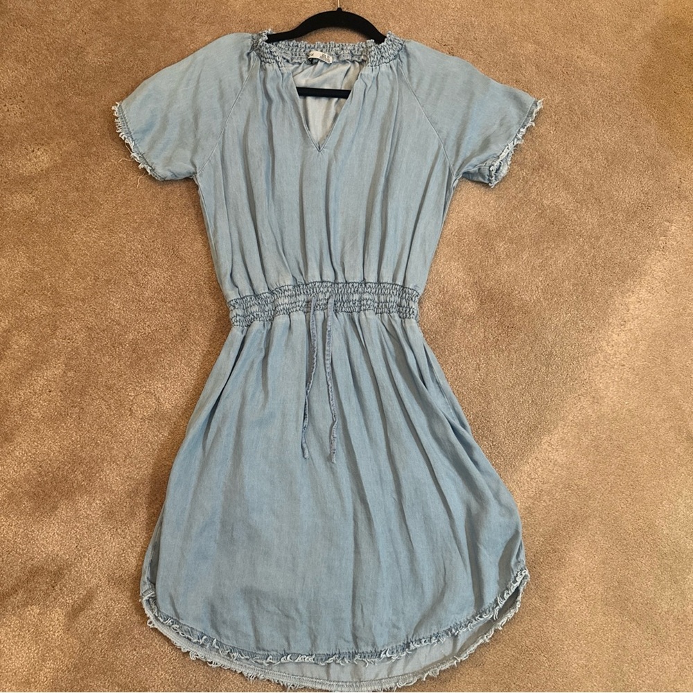 DEX Womens XS Frayed Cinch Waist Knee Short Sleeve Pullover Dress